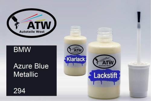 BMW, Azure Blue Metallic, 294: 20ml Lackstift + 20ml Klarlack - Set, von ATW Autoteile West.